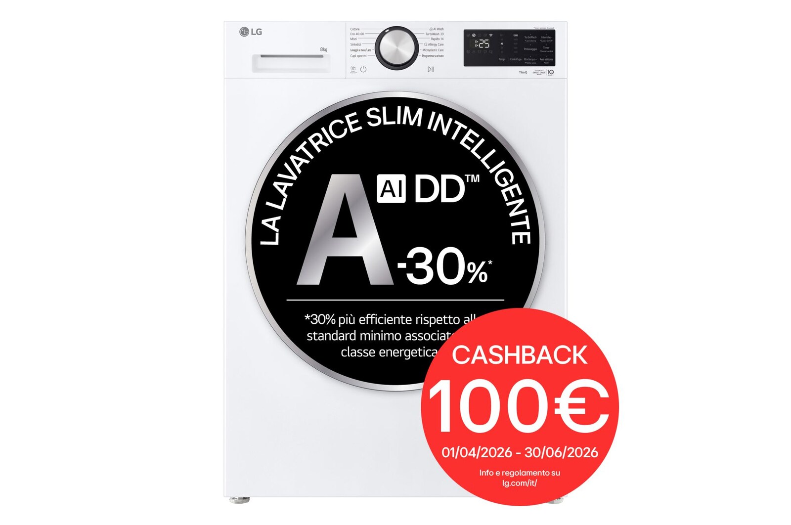 Vista frontale di Lavatrice Slim 8kg Next AI DD™ | Serie X5 Classe A-30% | 1200 giri, Wi-Fi, AI Wash, Vapore, TurboWash | White F2NX50S8TLC